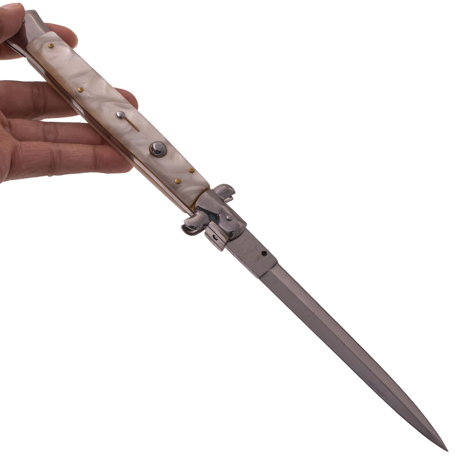 AKC 13 Inch Automatic Stiletto Italiano Button Push Knife (White Pearl)